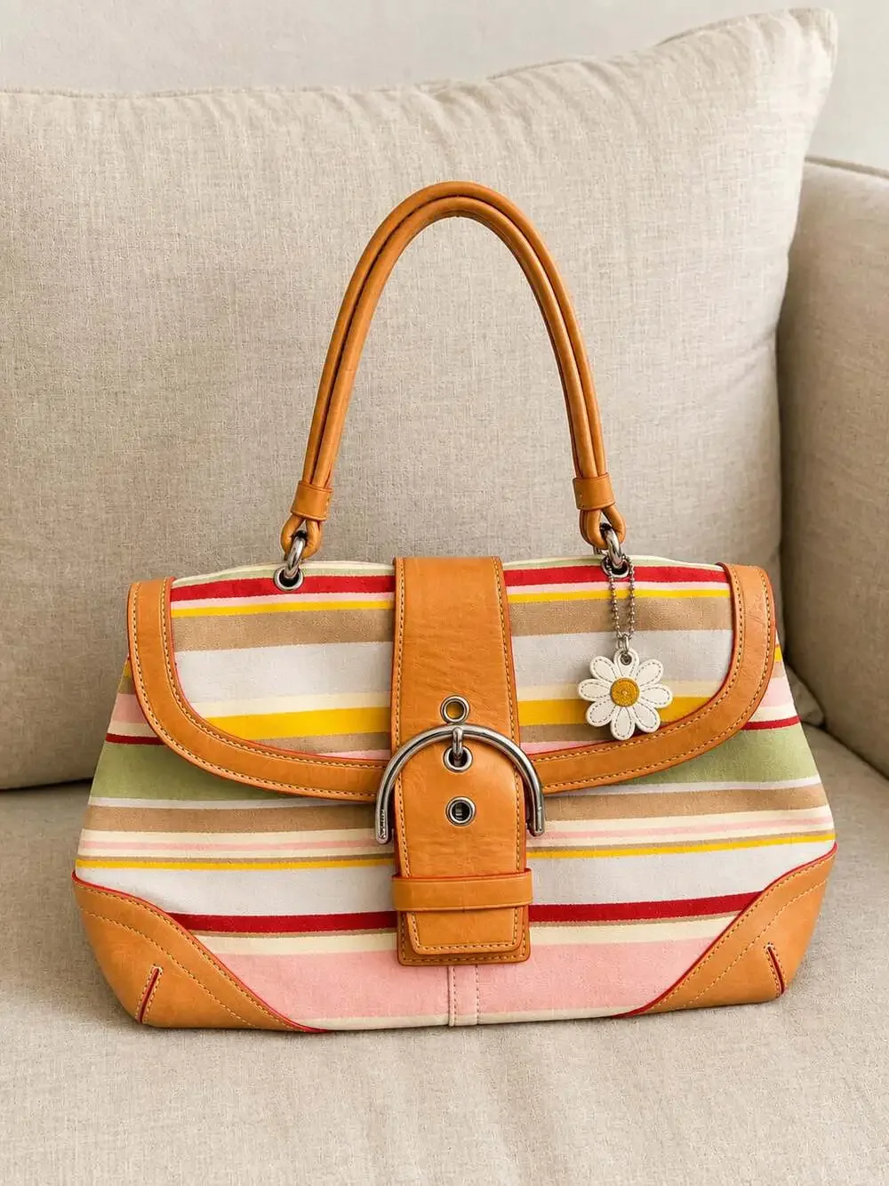 Coach Soho Multi-Stripe Canvas and Leather Satchel with Daisy Charm